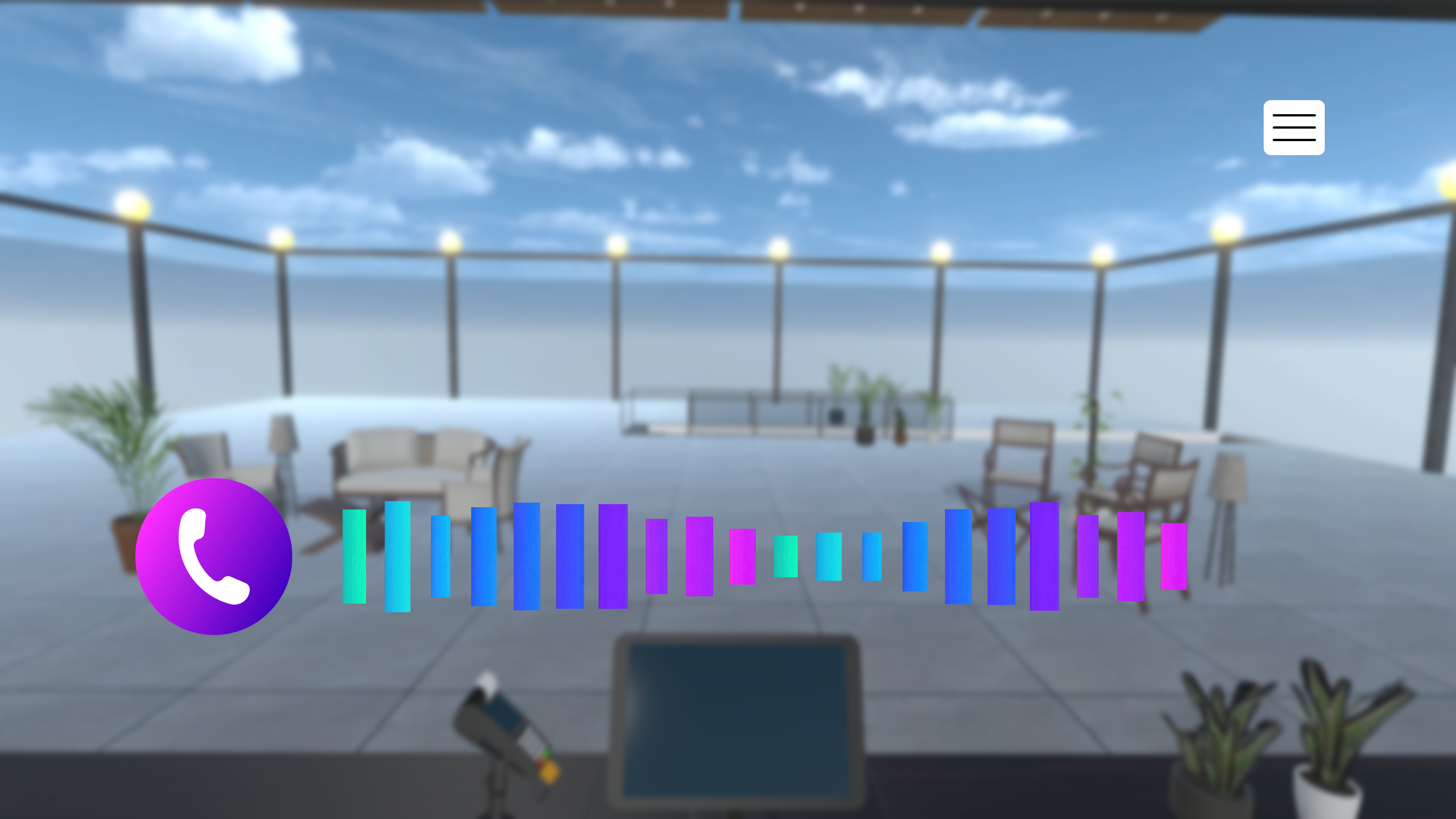 SMART-B-Simulator: Telefonsymbol und farbige Audiobalken vor einer virtuellen Terrasse